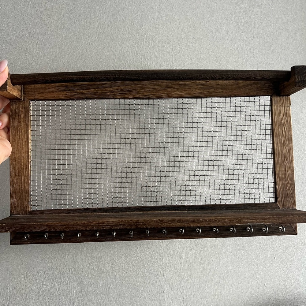 Wooden Jewelry Organizer with Mesh and Hooks